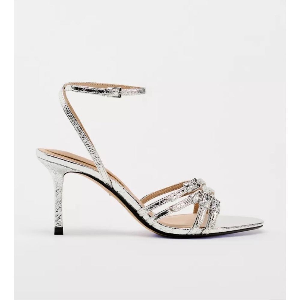 Zara Metallic Silver Strappy Heeled Sandals